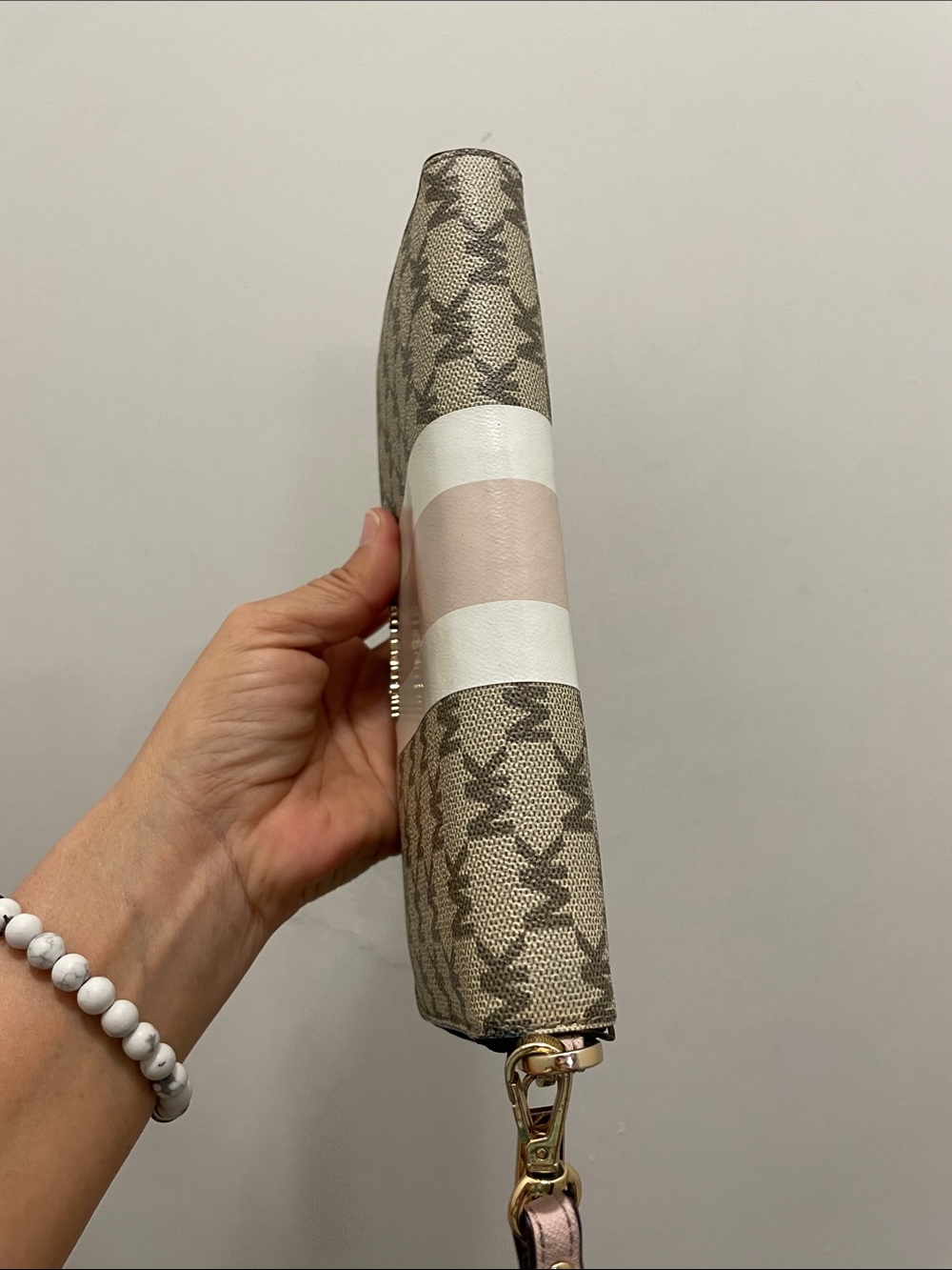Michael Kors Beige Logo Zip Wallet with Pink & White Center Stripe - Picture 12 of 17